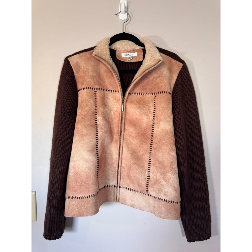 Appraisal Faux Suede Knit Jacket Brown Tan Shearling Collar Zip Up Large